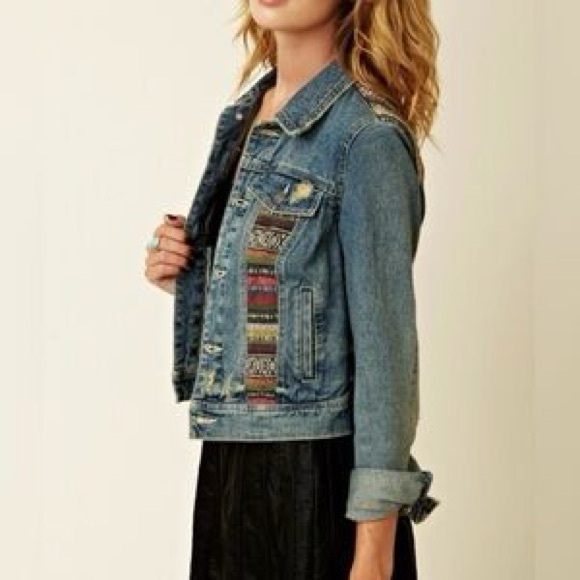 Free People Jackets & Blazers - FREE PEOPLE Aztec Jean Jacket Stretch Paneled Bohemian Size 4